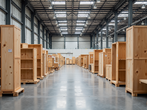 仓库内整齐摆放的成品家具，有序管理，品质保证，规模化生产