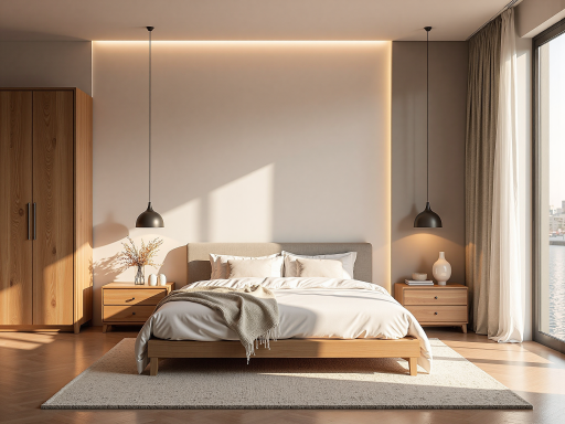 现代简约实木床，胡桃木色，双人床，床头软包设计，卧室家具，环保板材，稳固承重